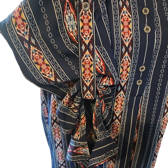 Entro Women's Pull Over Shift Aztec Boho 1/4 Button Down PocketDress - Picture 5 of 9